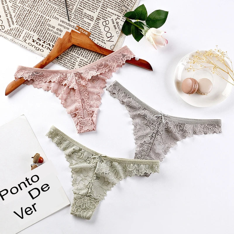 Calcinha feminina sensual de renda, 3 peças.