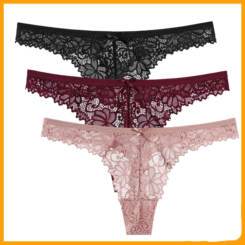 Calcinha feminina sensual de renda, 3 peças.